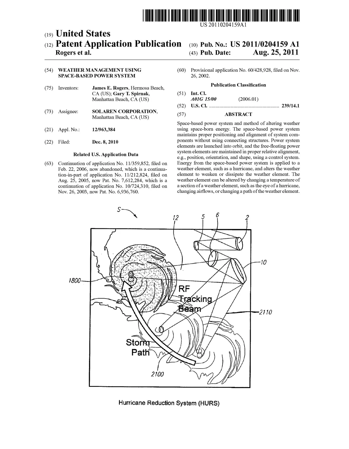 Diagram of a space-based power system for hurricane management showing RF tracking beams and storm paths